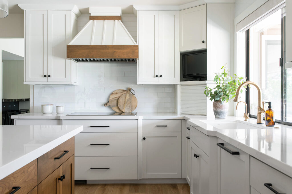 Spacious interior design kitchen white and brown neutrals Sacramento CA Placer County